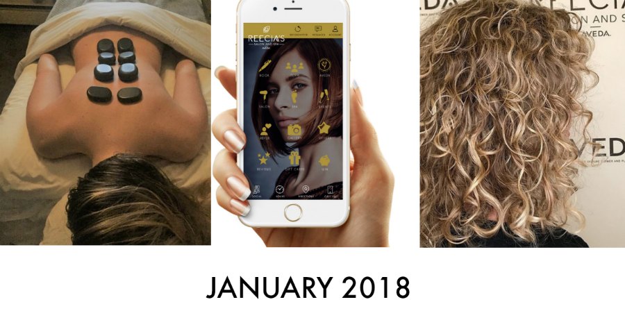 Meet our team, Aveda Pure Privilege, Our App, Before and Afters, Valentine’s Day, Hot Stone Massage | January 2018